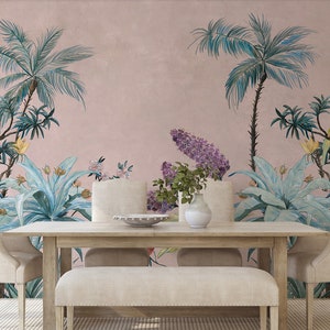 Pink Wallpaper Tropical Wallpaper, Wall Mural, Peel and Stick, Self Adhesive, Wall Covering by Bella Stampa Studio