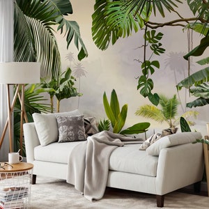Rainforest tropical Wallpaper, Peel and Stick jungle flower and leaves mural with palm trees, Green decor, Trending murals, Fast selling