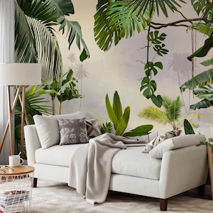 Rainforest tropical Wallpaper, Peel and Stick jungle flower and leaves mural with palm trees, Green decor, Trending murals, Fast selling