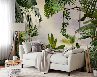 May include: A white daybed with a light gray throw blanket and two patterned throw pillows sits before a wall mural featuring large green tropical palm leaves and monstera foliage against a soft, muted, light-colored background.