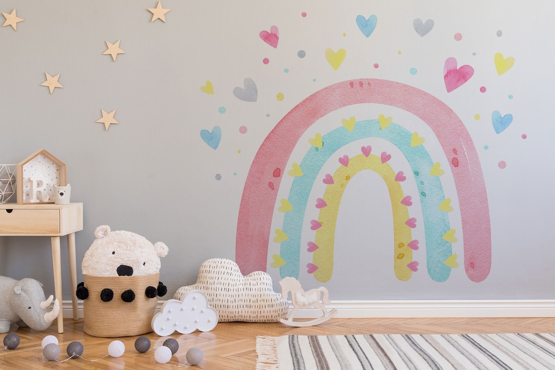 Boho Rainbow Wall Stickers Hearts Nursery Decor - Earth Toned Decal ...