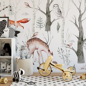 Watercolor Playful Forest Wallpaper, Wall Mural, Peel and Stick, Self Adhesive, Wall Covering by Bella Stampa Studio