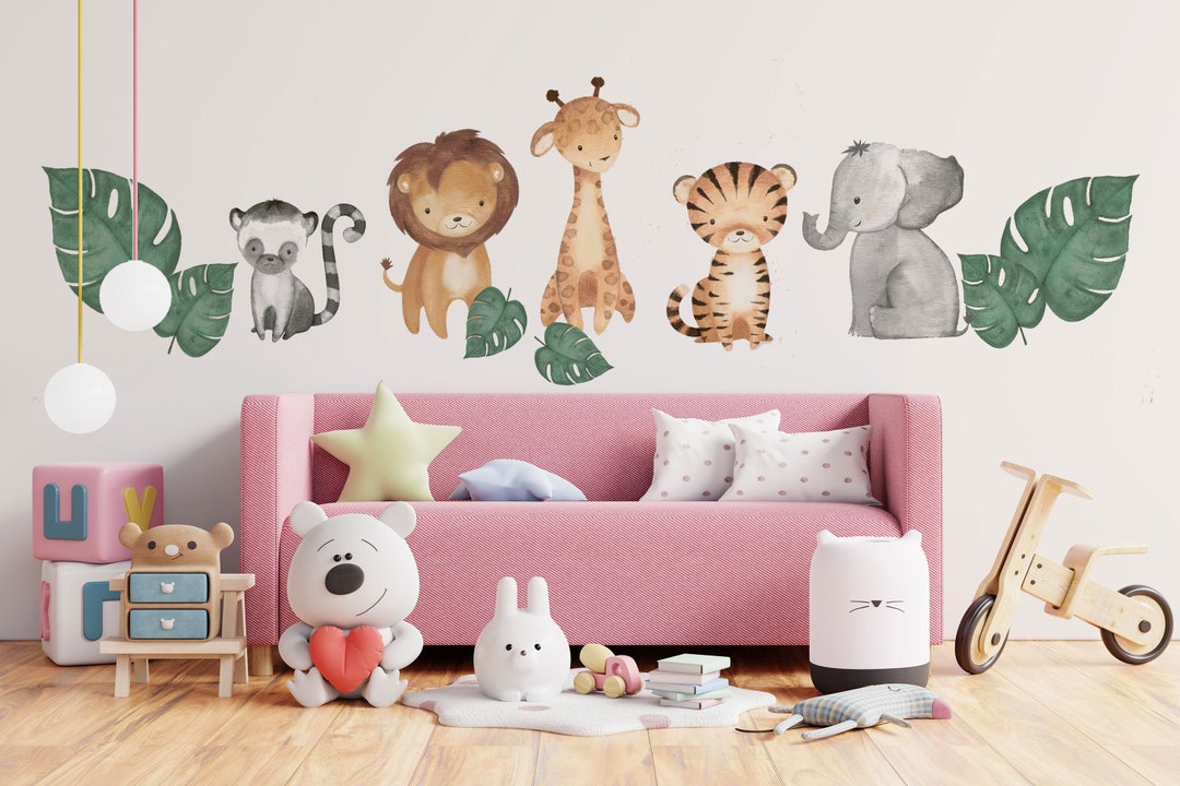 Monstera Leaf | Safari Animals | Nursery Wall Decal | Jungle Animals ...