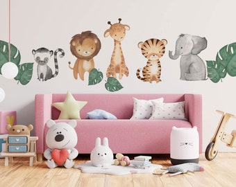Aquarell Safari Tiere Wandtattoo: Tropisches Monstera Blatt Design - Verspielter Tierdruck, Kinderzimmer Dekor