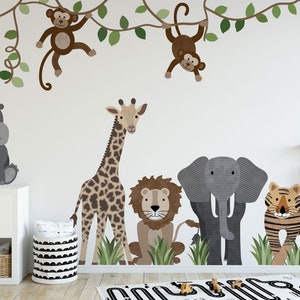 Monkey Wall Decal - Large Safari Animals & Elephant Jungle Nursery Stickers, Repositionable Wall Décor for Kids Room