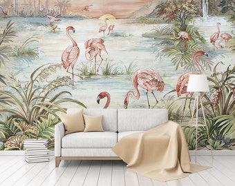 Flamingo Wall Mural Tropical Nursery Wallpaper Peel Stick - Kids Room Decor, Exotic Bird Art