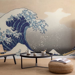 Carta da parati murale La grande onda di Kanagawa di Hokusai, carta da parati rimovibile Carta da parati contemporanea blu, carta da parati staccabile e attaccabile Grande onda