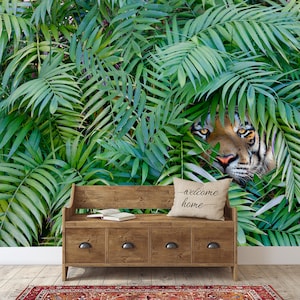 Tiger Hide and Seek,  Jungle wallpaper, Tropical leaves, Wild animals wallmural, Wall mural, Remove wallpaper, peel and stick