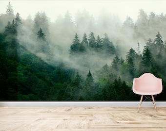 Foggy Forest Wallpaper - peel and stick, removable, Landscape Mural, Mountains, Wall Decoration, Wood, Nature, Forest Mural, Fresh Green