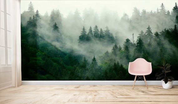 Misty Mountain Art Peel And Stick Mural, Foggy Forest, Removable Renter Wallpaper