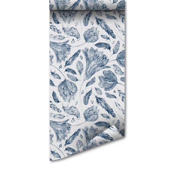 Indigo Boho Wallpaper: Removable Peel and Stick (Watercolor Floral) - Green Energy Product, Uk Made Wallcovering