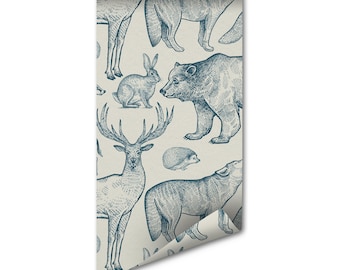 Removable Wallpaper: Forest Animals Design - Peel and Stick, Temporary, Home Decor Gift, Animal Pattern Mural, Water Based Ink