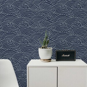 Japanese Waves Temporary Wallpaper: Navy Blue Peel and Stick (Removable)