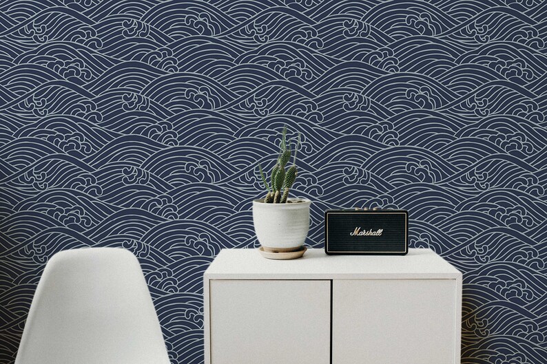 Japanese Waves Temporary Wallpaper: Navy Blue Peel and Stick (Removable)
