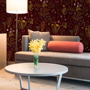 Botanical Peel and Stick Wallpaper Dark Field Flowers Pattern
