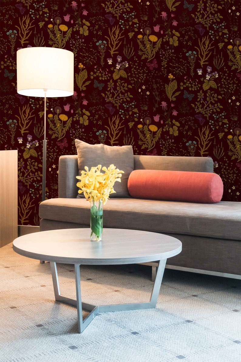 Botanical Peel and Stick Wallpaper Dark Field Flowers Pattern