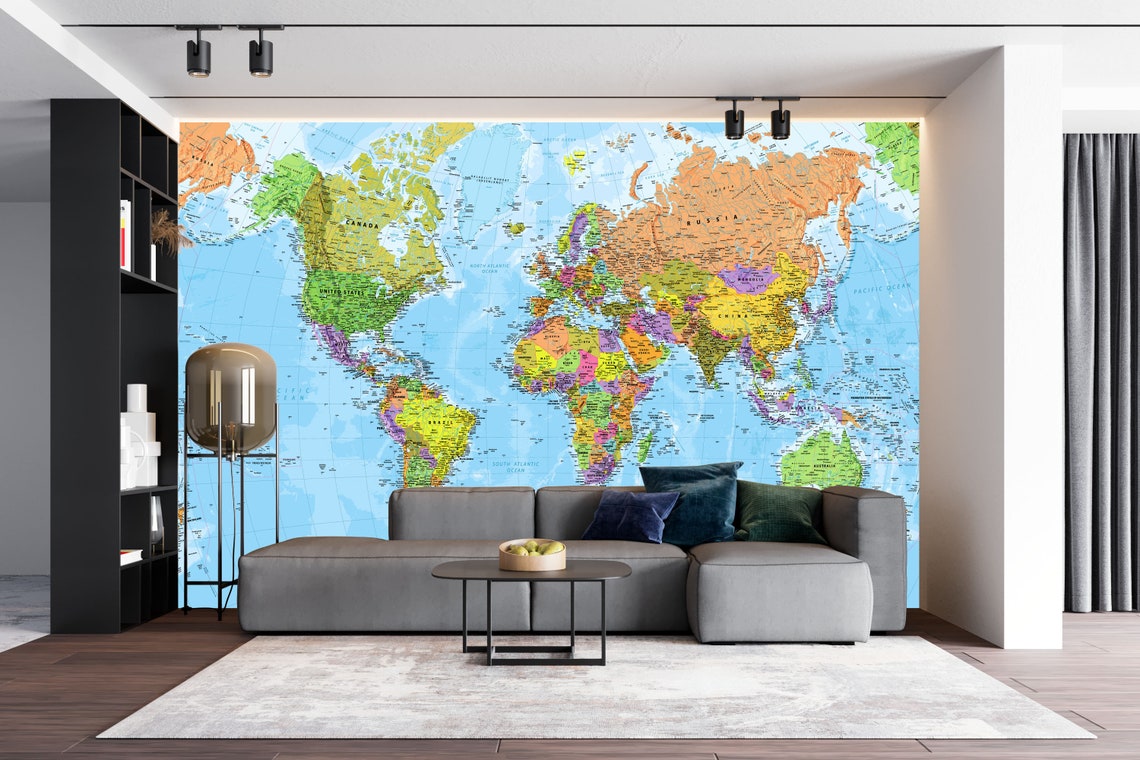 Giant World Map Mural Classic Home Decor Living Room Etsy UK