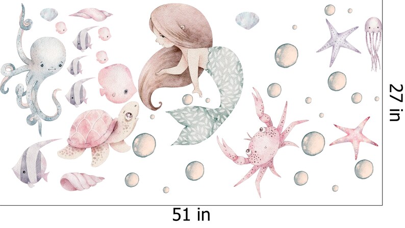 Nursery Mermaid Wall Decal, Watercolor Design (Peel and Stick)