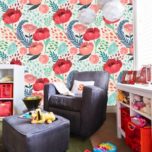 Peel and Stick Nursery Wallpaper - Pink Poppy Floral Design