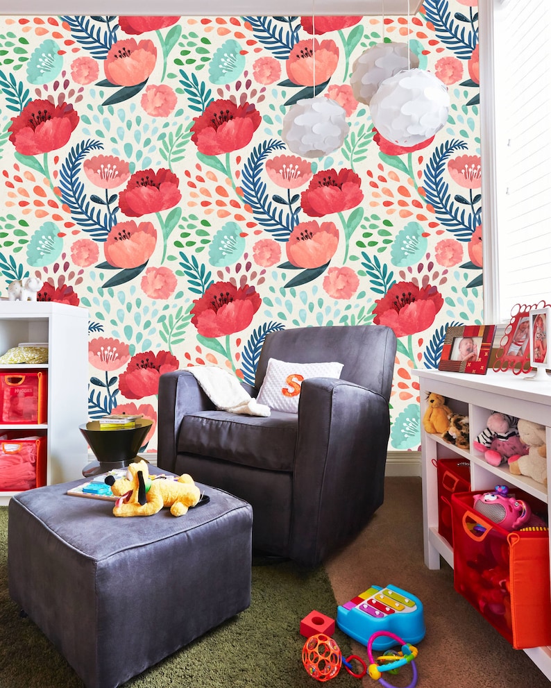 Peel and Stick Nursery Wallpaper - Pink Poppy Floral Design