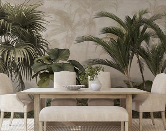 May include: A light wood dining table with a matching bench and three upholstered beige chairs. On the table sits a white ceramic vase with green foliage and a shallow white bowl. The background features a large mural of green palm trees.