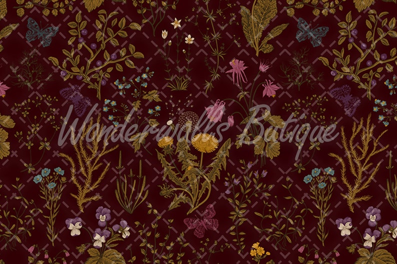 Botanical Peel and Stick Wallpaper Dark Field Flowers Pattern