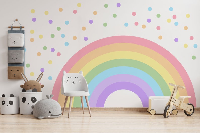 Vibrant Rainbow & Boho Dot Sticker, Large Nursery Mural, Peel Stick Applique for Girls Bedroom Decor