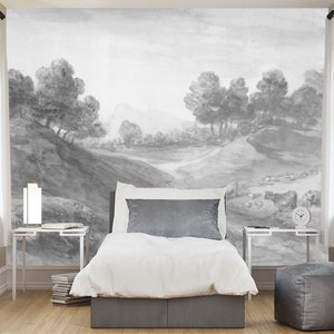 Vintage countryside painting wall mural, Reusable Wall paper, Vintage art wallpaper, Landscape mural, Fine Wall art, Monochrome wall mural