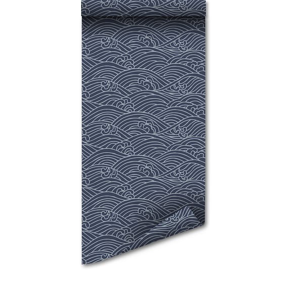 Japanese Waves Temporary Wallpaper: Navy Blue Peel and Stick (Removable) - Water Based Ink, Eco Friendly Decor, Easy To Remove