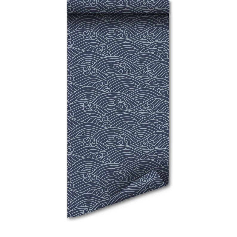 Japanese Waves Temporary Wallpaper: Navy Blue Peel and Stick (Removable)