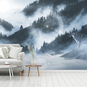 Artic Wolf ln Winter Mountains, Foggy Mountain, Wall Mural, Romantic Smoky, Wall Decal, Hill, Mist, Peel and stick, removable wallpaper