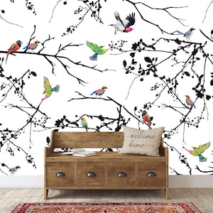 Colorful birds self adhesive removable wall mural, Birds wallpaper, Temporary wall art, Peel and stick, Wall Art, Wall decor, Home decor