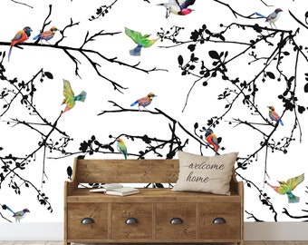 Colorful birds self adhesive removable wall mural, Birds wallpaper, Temporary wall art, Peel and stick, Wall Art, Wall decor, Home decor