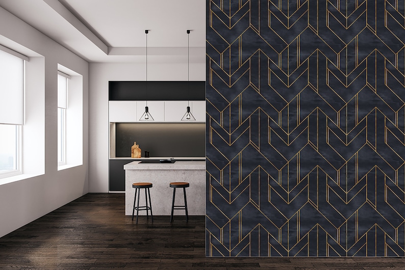Geometric Gold and Navy Blue Wallpaper