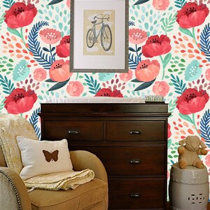 Peel and Stick Nursery Wallpaper - Pink Poppy Floral Design