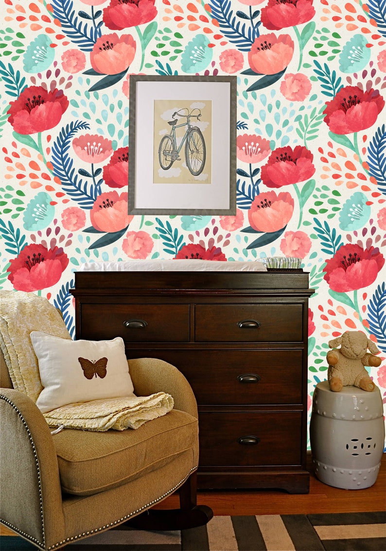 Peel and Stick Nursery Wallpaper - Pink Poppy Floral Design