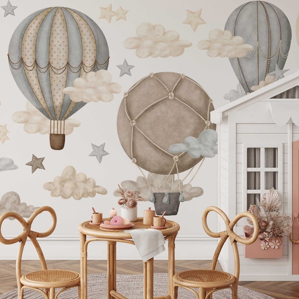 Stickers muraux montgolfières et étoiles rêveuses pour chambre d'enfant et de bébé