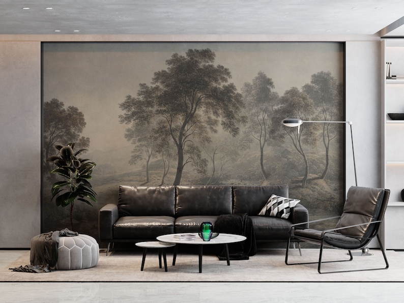Minimalist Tree Wallpaper - Mid Century Watercolor Peel and Stick
