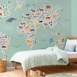 Riesen Safari Kids Safari Map Wallpaper Wandbild | Vintage Weltkarte Wandkunst für Wohnzimmer und Schlafzimmer Dekor