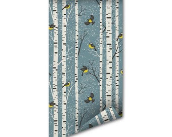 Removable Wallpaper: Birds and Trees Watercolor - Peel and Stick, Tree Design Mural, Thick Durable Paper, Home Decor Gift