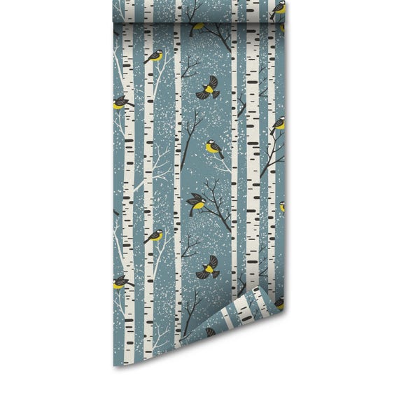 Removable Wallpaper: Birds and Trees Watercolor - Peel and Stick, Tree Design Mural, Thick Durable Paper, Home Decor Gift