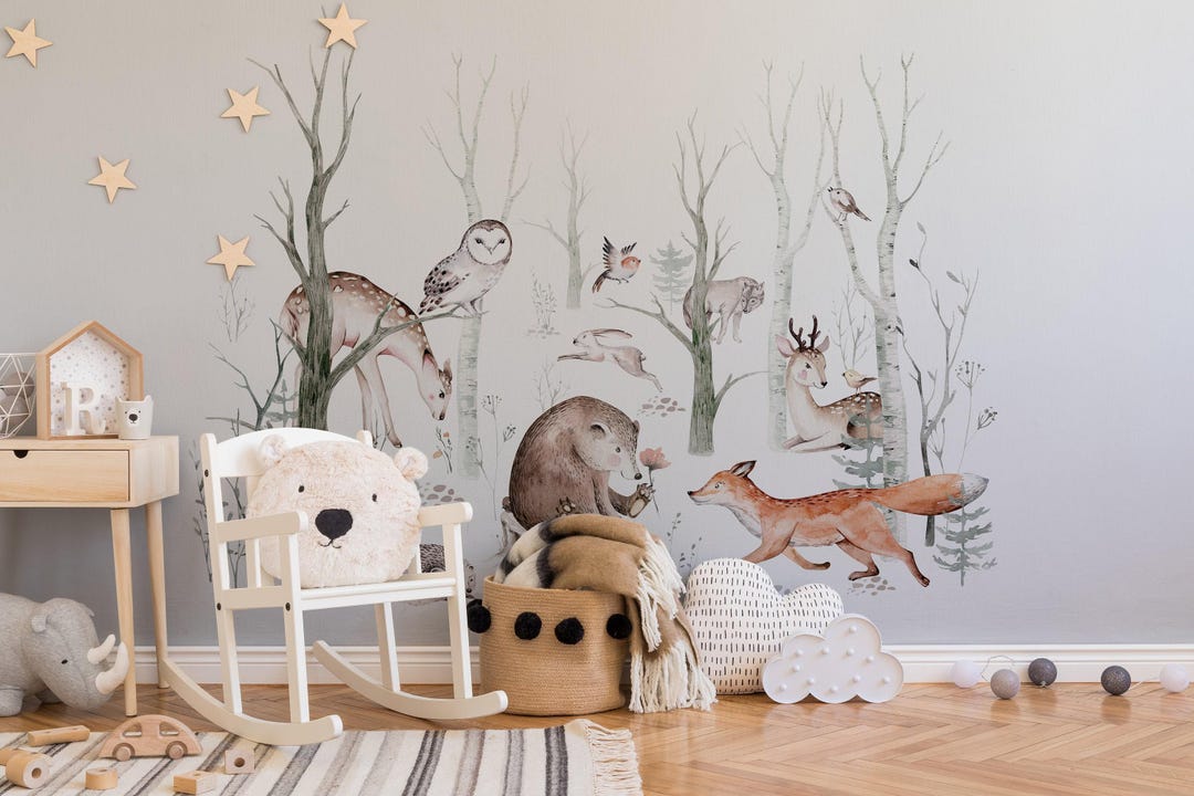 Woodland Nursery Wallpaper, Forest Friends Wall Mural, Peel and Stick ...