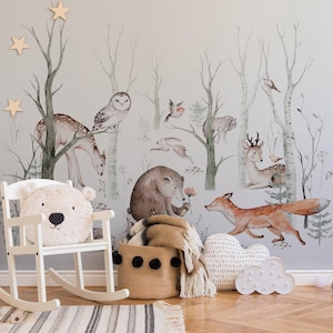 Forest Friends Wallpaper for Kids Room - Nursery Wall Covering with Cute Animal Design, Bedroom Decor #16