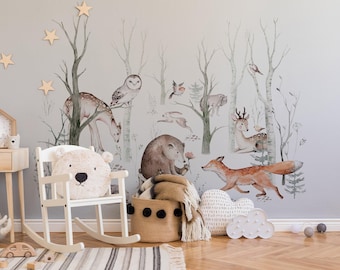 Woodland Nursery Wallpaper, Forest Friends Wall Mural, Peel and Stick Kids Room Decor, Whimsical Animal Neutral Art