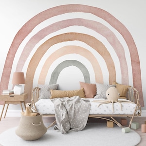 Mural adhesivo con diseño de arcoíris en tonos suaves, decoración de pared estilo boho para dormitorio infantil, adhesivo estético en tonos tierra que no daña la pared.
