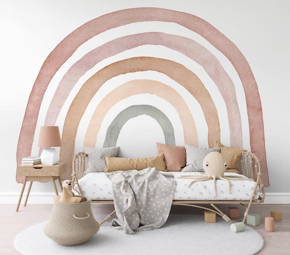 Muted Color Rainbow Peel Stick Mural, Boho Wall Decor for Toddler Bedroom, Earth Tone Aesthetic Damage Free Sticker
