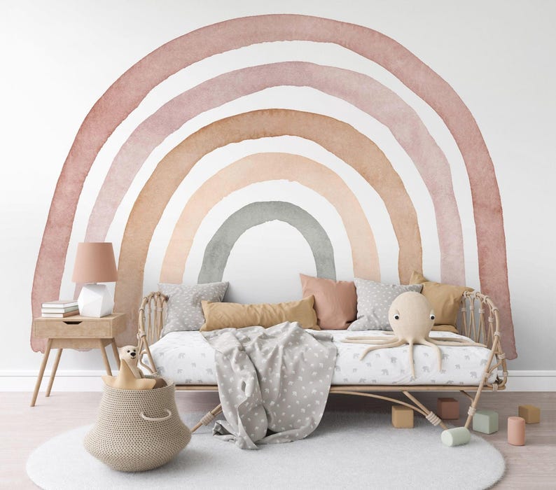 Muted Color Rainbow Peel Stick Mural, Boho Wall Decor for Toddler Bedroom, Earth Tone Aesthetic Damage Free Sticker
