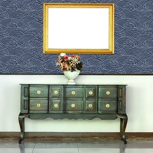 Japanese Waves Temporary Wallpaper: Navy Blue Peel and Stick (Removable)