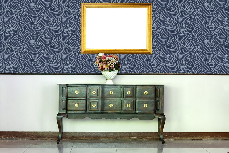 Japanese Waves Temporary Wallpaper: Navy Blue Peel and Stick (Removable)