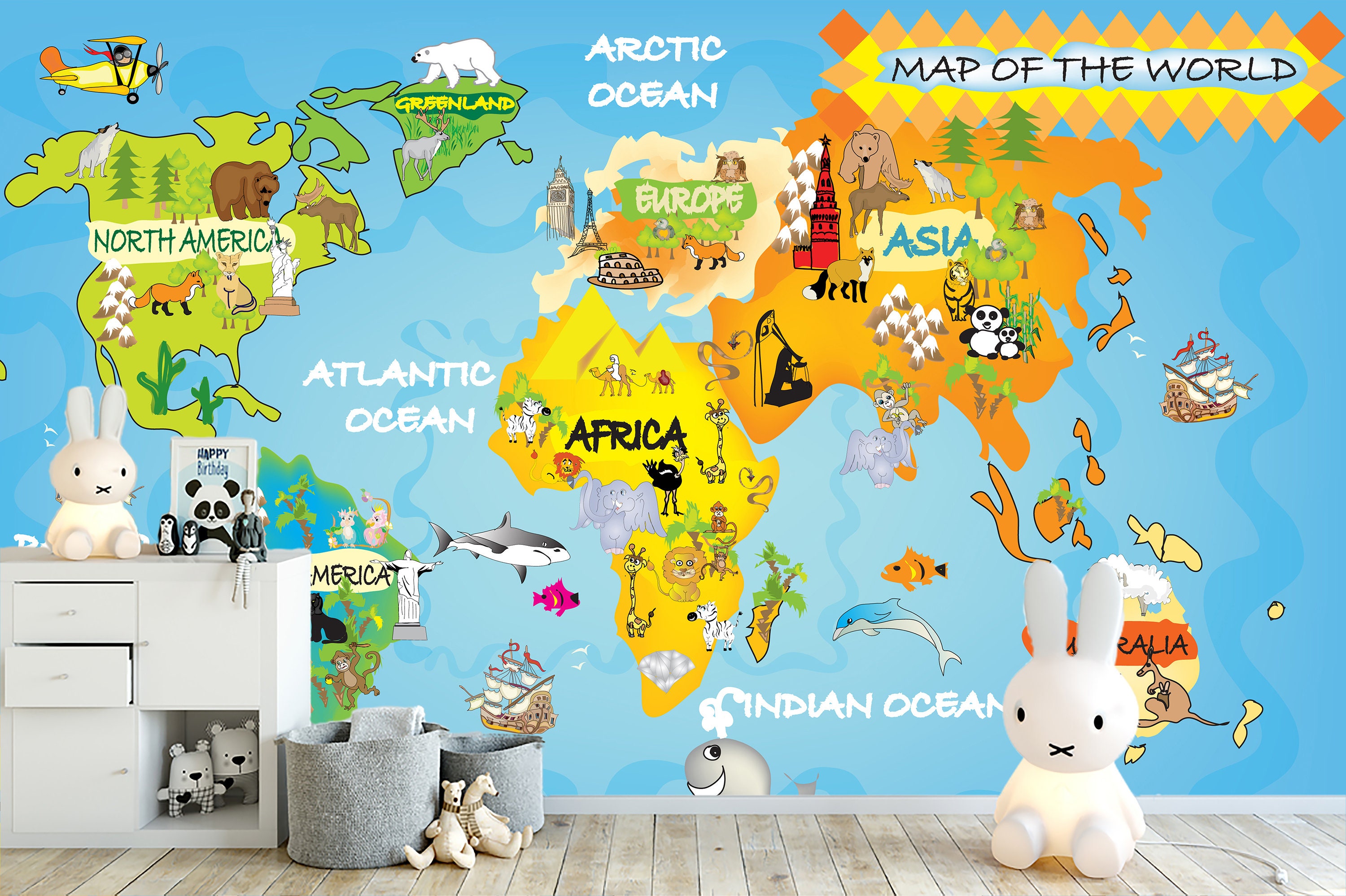 Soft World Map Wall Mural Little Animals and Famous Landmarks - Etsy Australia Soft World Map Wall Mural Little Animals and Famous Landmarks - Etsy Australia